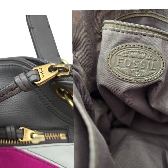 Fossil Patchwork Shoulder Bag Gray Pebbled Leather Purple Pink Retro Purse - Picture 4 of 6